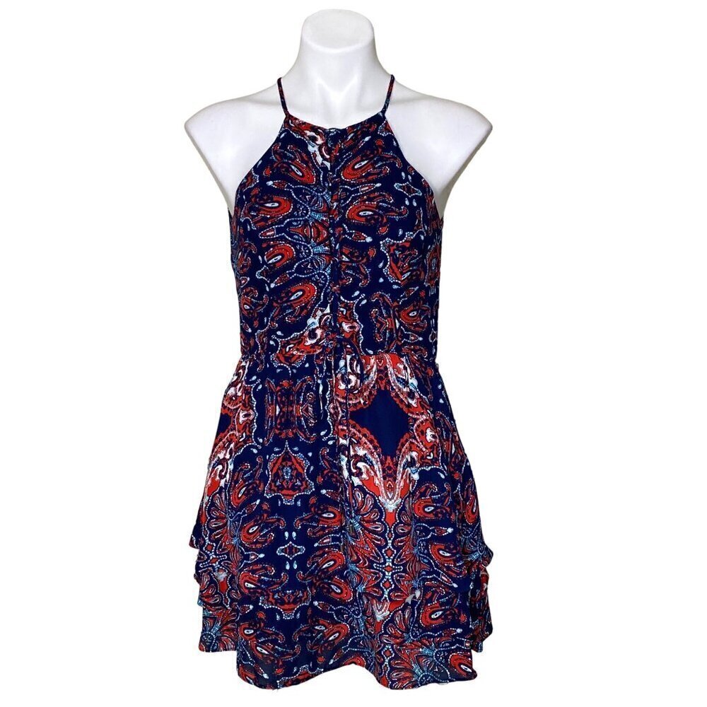 Parker Bandana Print Lace-up Halter Mini Dress, Navy Red Ruffle Hem Women's S - Picture 3 of 12